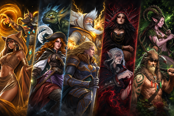 The five Neverrift factions: Free Tribes, Outcast, Royal Empire, Sworn and Verdant Pact.